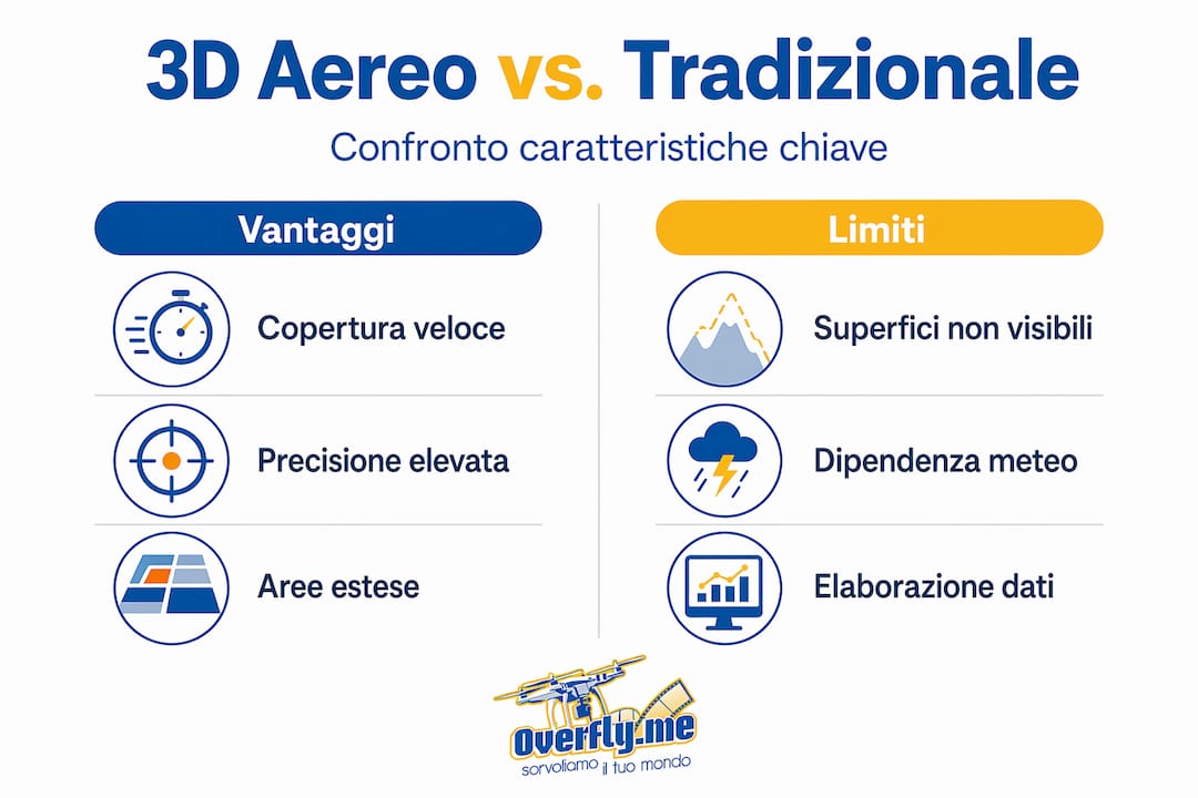 Infografica: confronto tra modellazione 3D da rilievo aereo e tecniche tradizionali