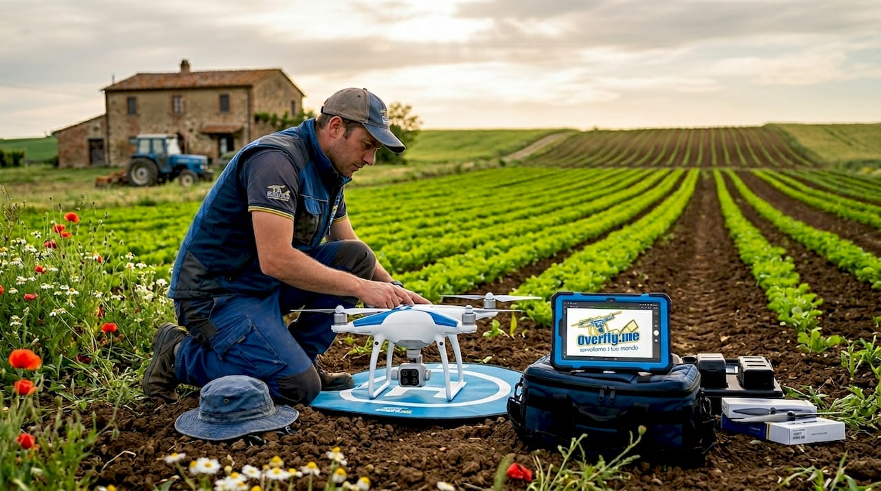 Un tecnico si occupa della preparazione di un drone multispettrale direttamente sul campo coltivato.