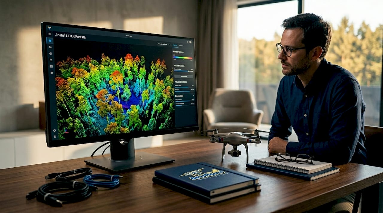 Un tecnico osserva sul monitor la ricostruzione 3D della foresta ottenuta tramite LiDAR.