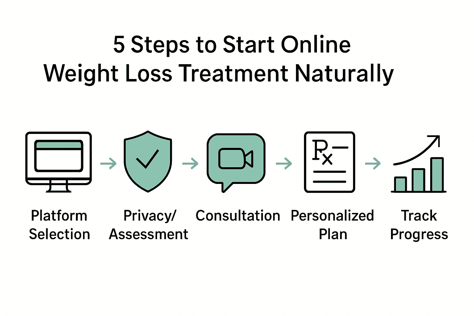 Infographic showing 5 steps to begin online weight loss treatment naturally.