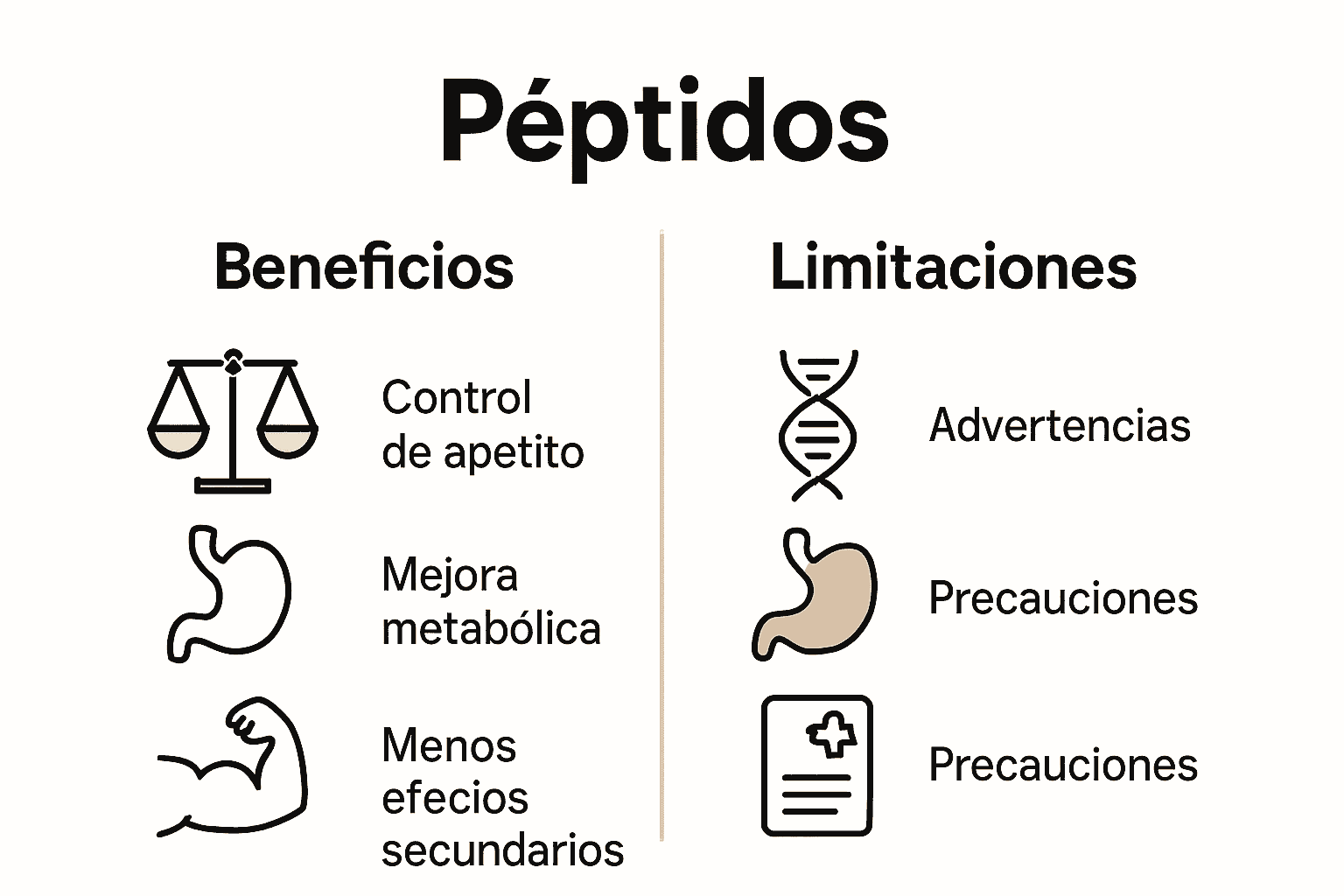 Comparativa visual de beneficios y limitaciones de los péptidos para adelgazar