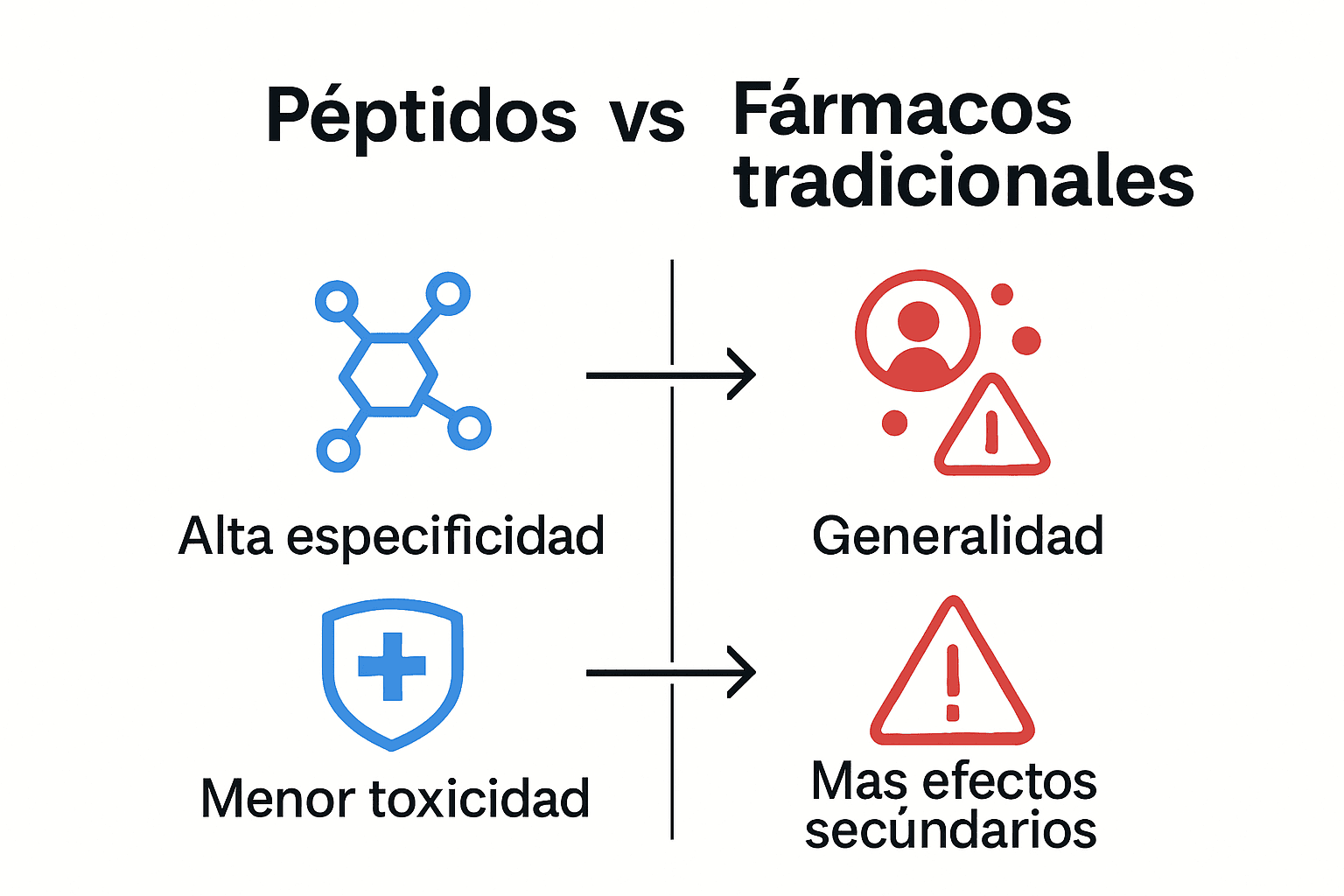 Infografía comparativa entre péptidos y medicamentos tradicionales mostrando especificidad y efectos secundarios.