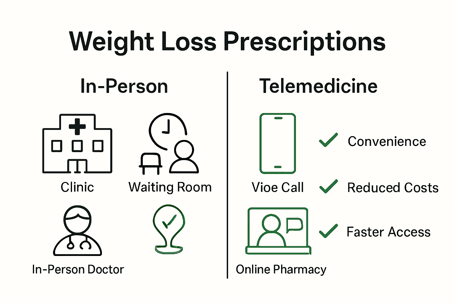 Comparison infographic showing in-person versus telemedicine prescription process for weight loss.