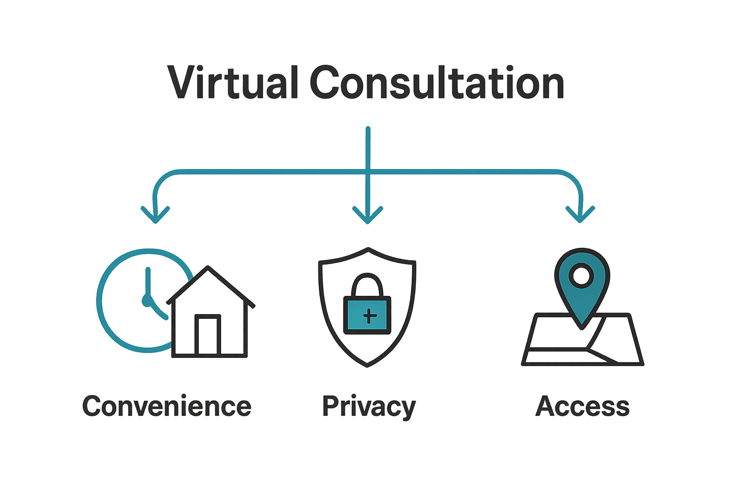 Infographic showing convenience, privacy, and access as main benefits of virtual health consultations