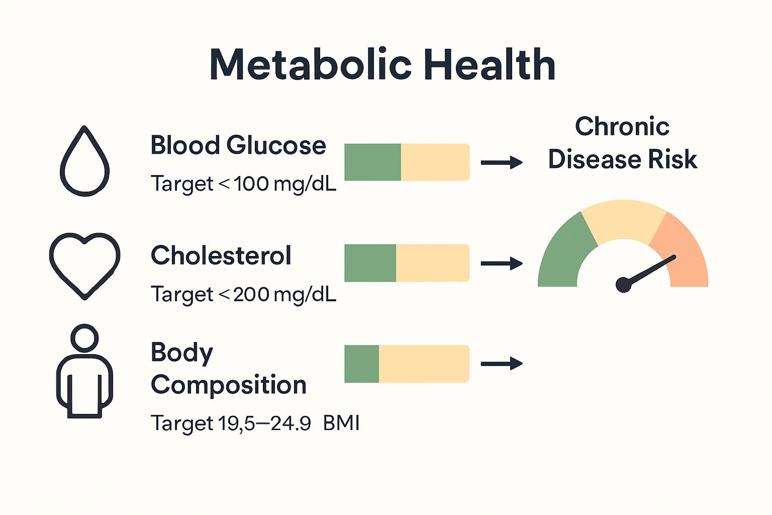 Infographic comparing major metabolic health indicators and their healthy ranges.