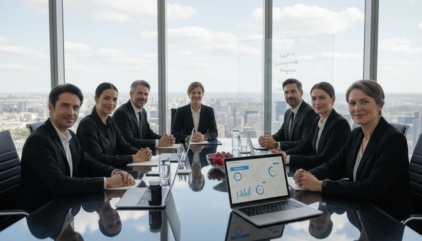 Professionals at office table with weight loss tools