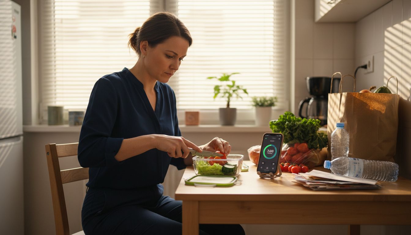 Busy adult meal prepping salad with fitness app nearby