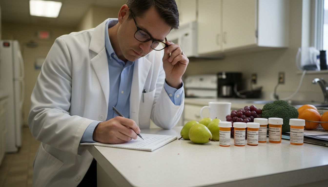 Dietitian with medications and meal plan notes