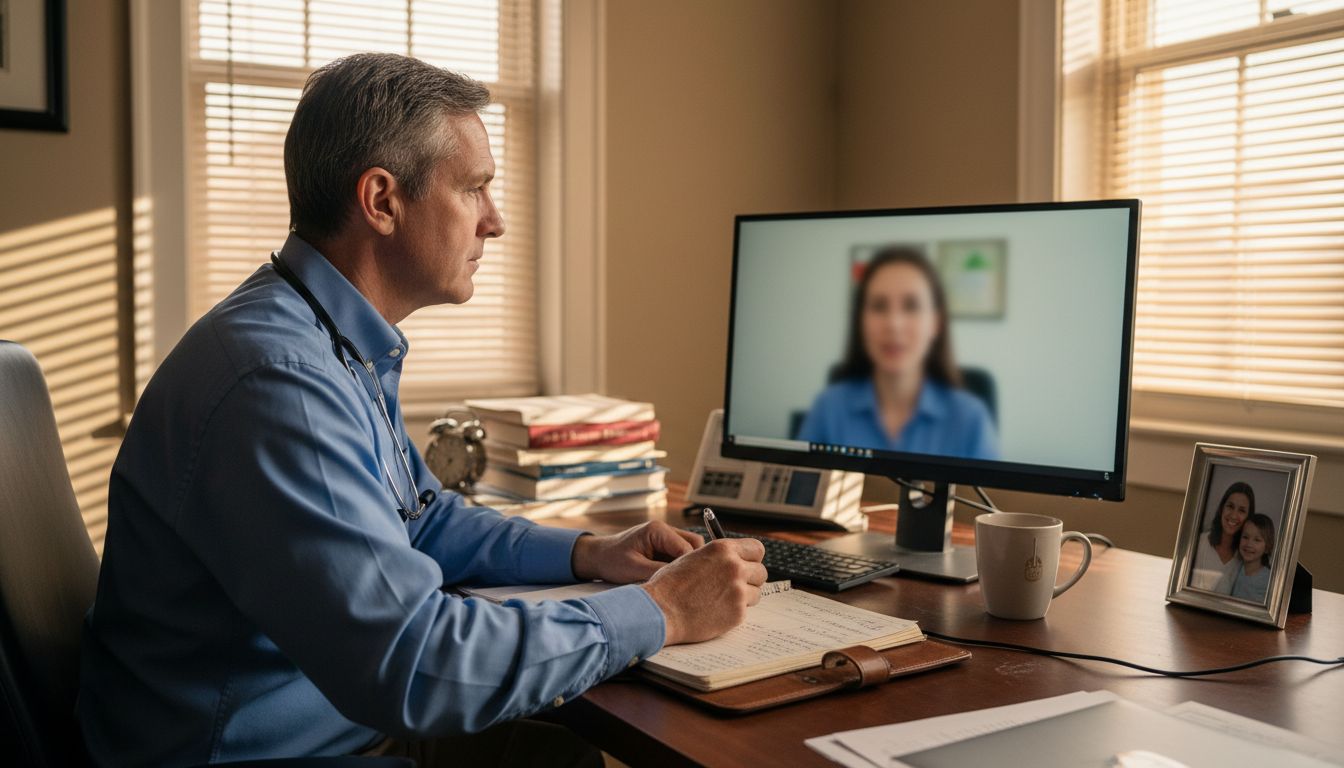 Doctor in corner office on telehealth video call