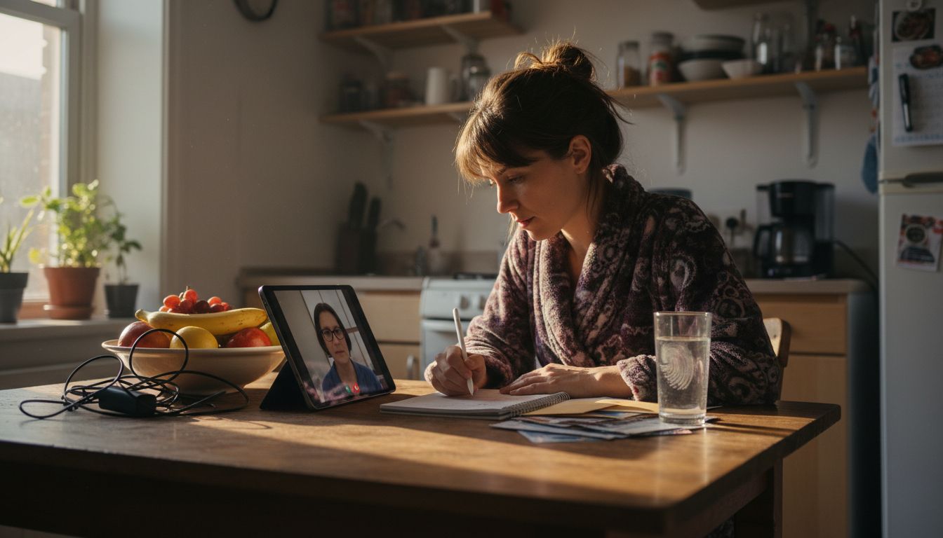 Patient at kitchen table during telehealth session