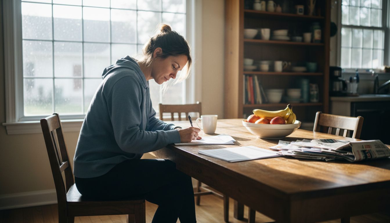 Woman completing health evaluation at kitchen table