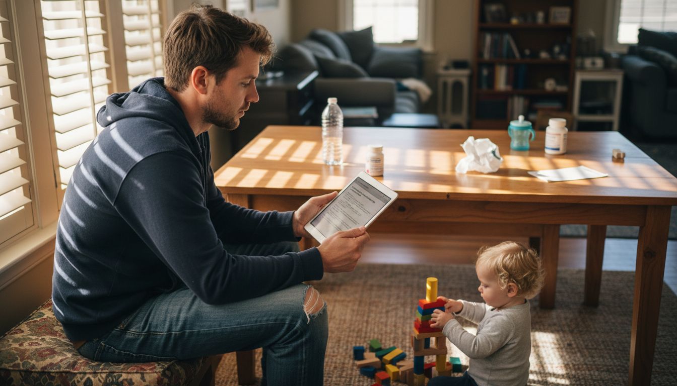 Father reviewing telemedicine care at home