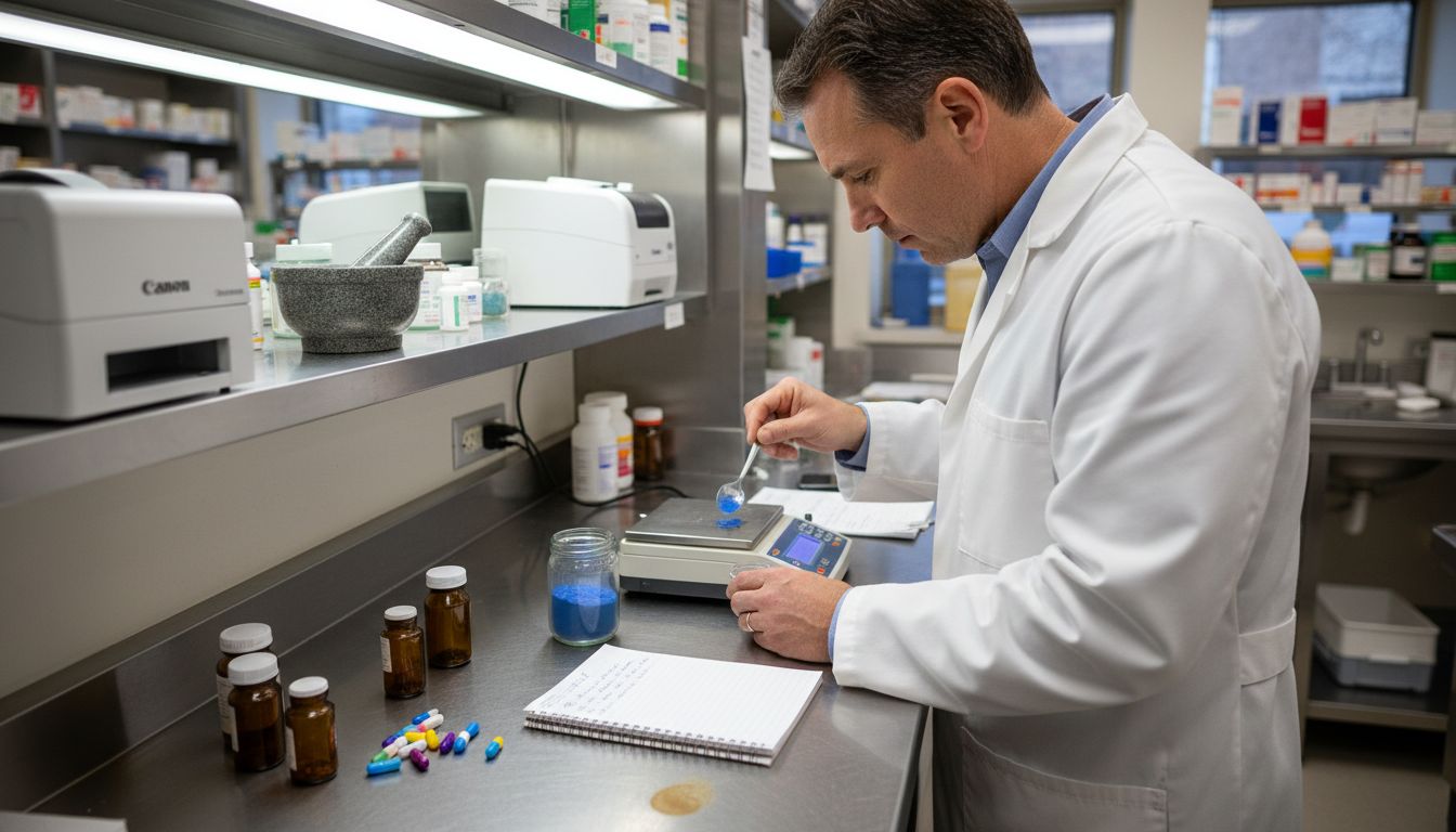 Pharmacist measures medication in compounding lab