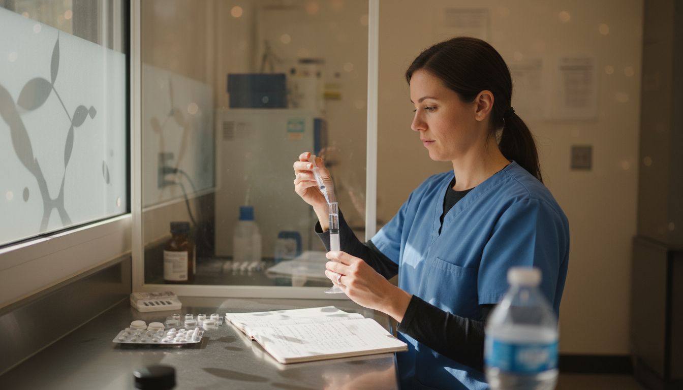 Pharmacist prepares liquid medication in clean room