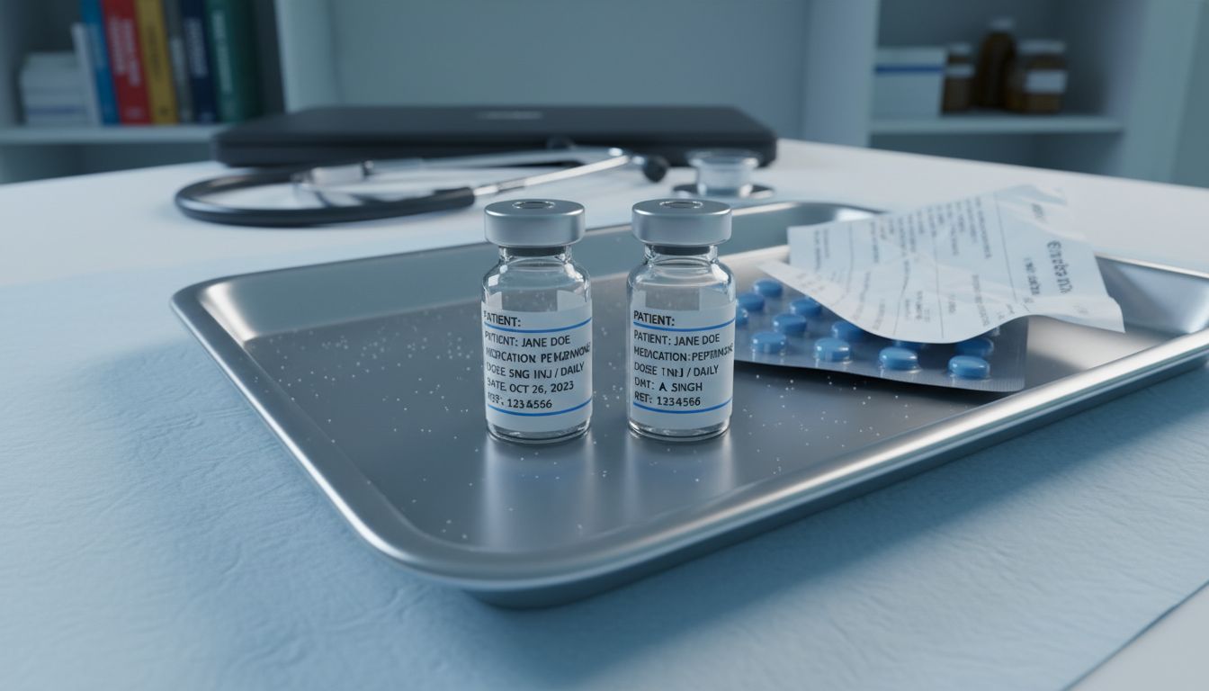 Close up of peptide medication bottles