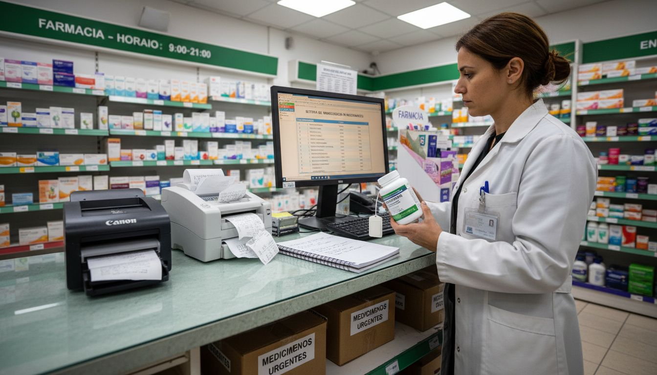 El farmacéutico revisa la receta detrás del mostrador.