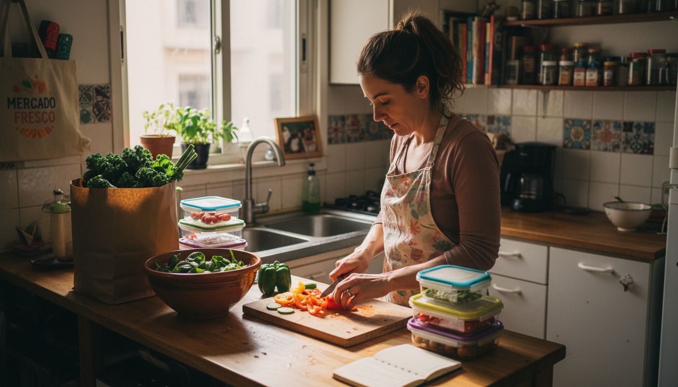 Mujer cocinando una comida saludable en la cocina de su casa