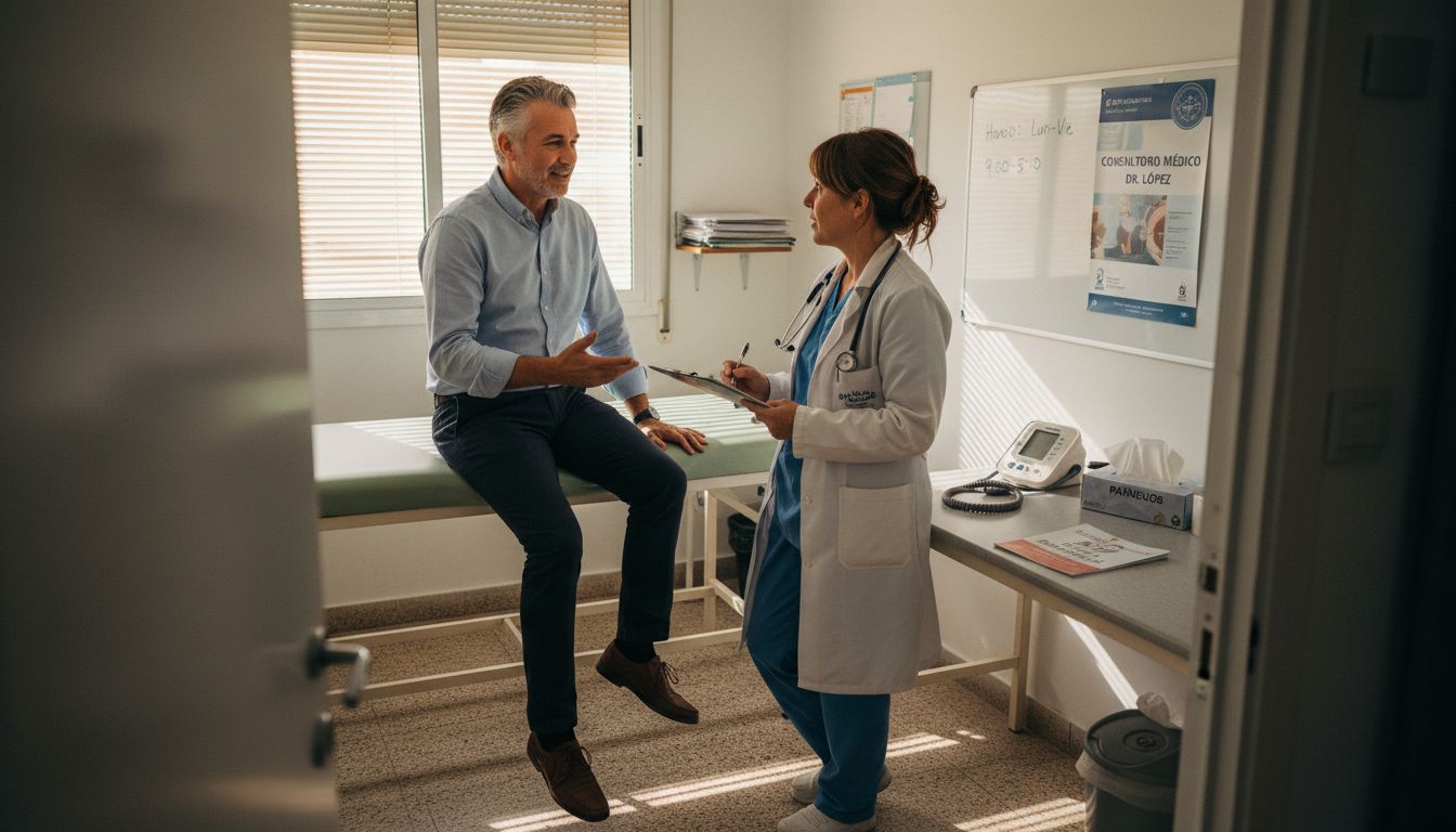 El médico conversa con su paciente sobre la terapia con péptidos durante una consulta en el consultorio.