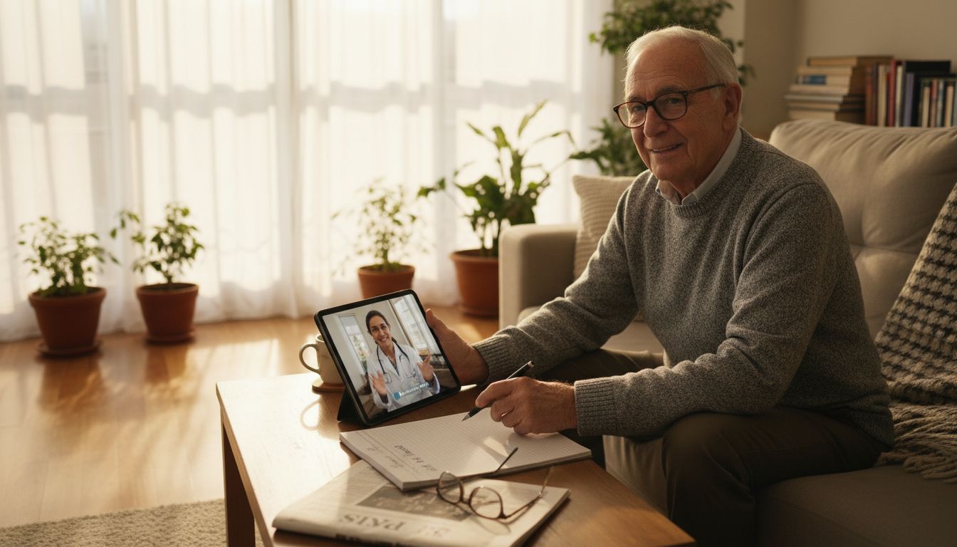 Un hombre mayor mantiene una videollamada con su médico desde la comodidad de su hogar.