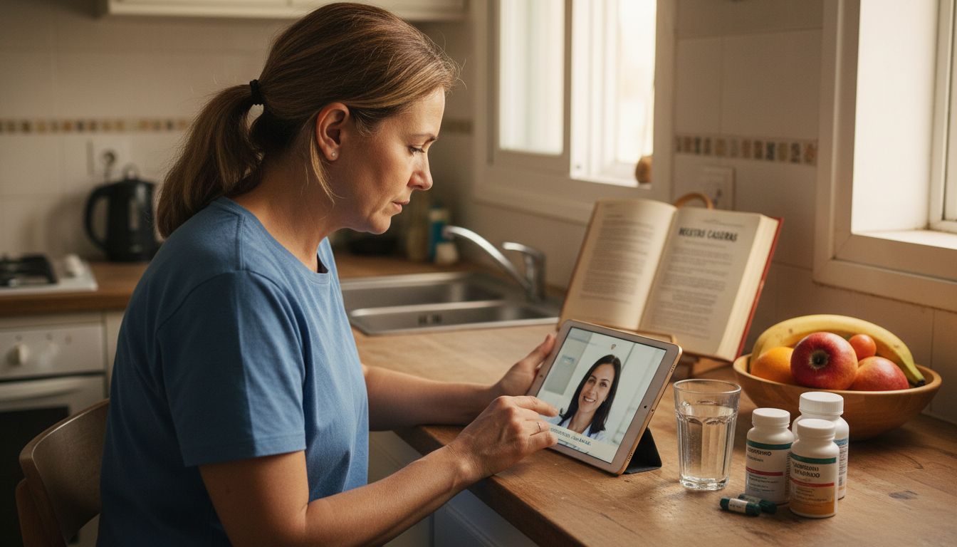Mujer conectándose con su médico a través de una videoconsulta en su tablet