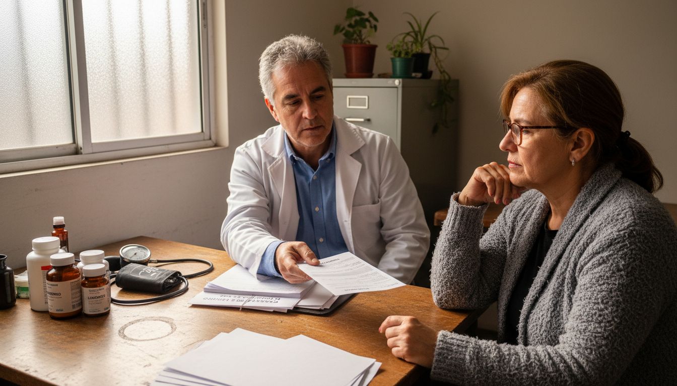 Una mujer recibe una receta médica de su doctor en la farmacia.