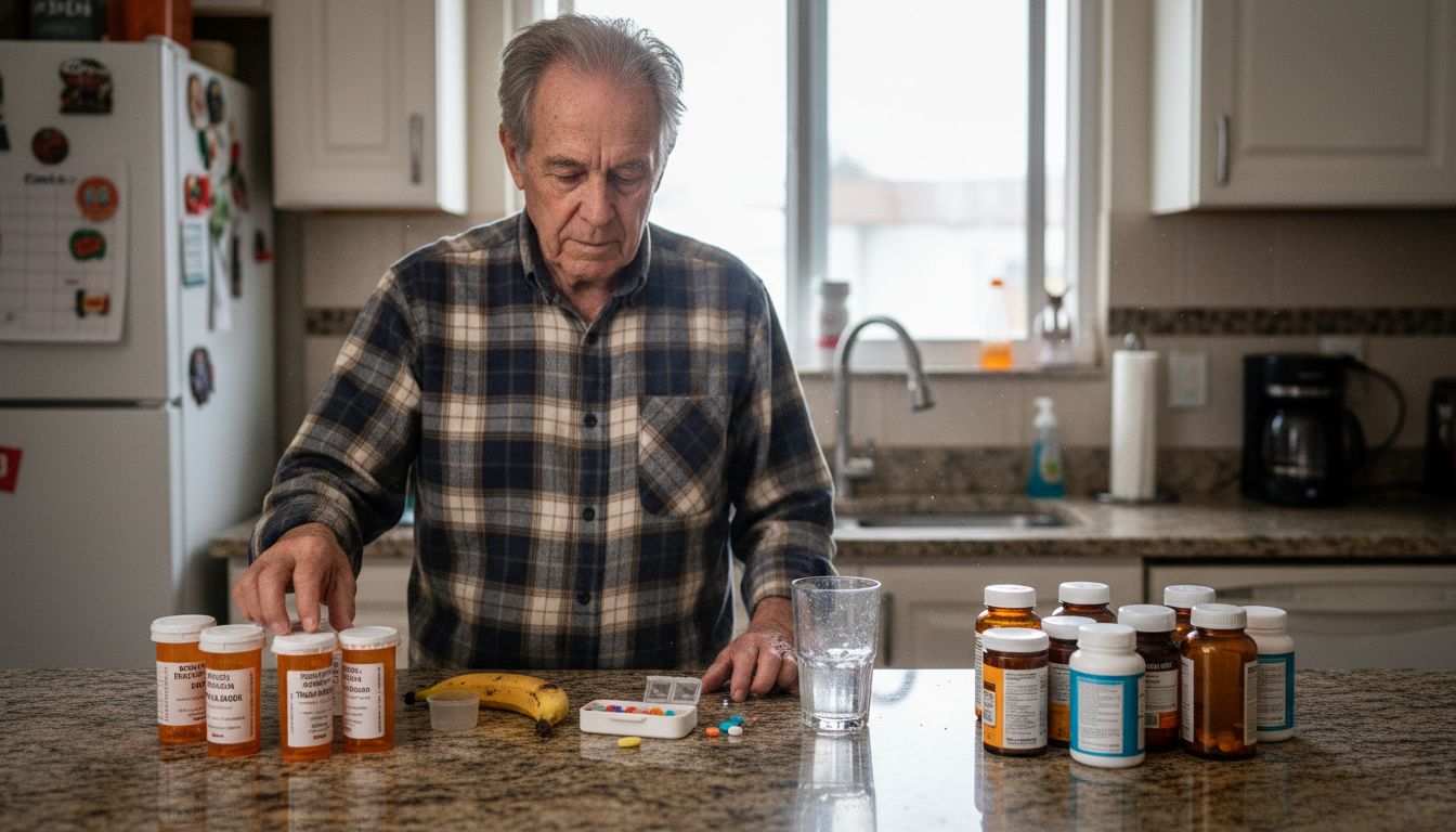Persona mayor organizando sus medicamentos y suplementos sobre la mesa