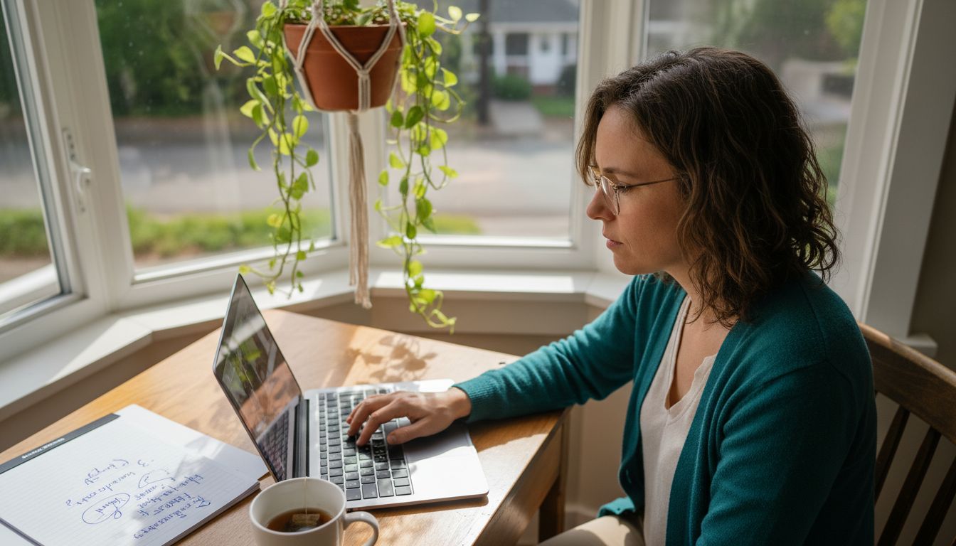 Woman video calling in home office setting