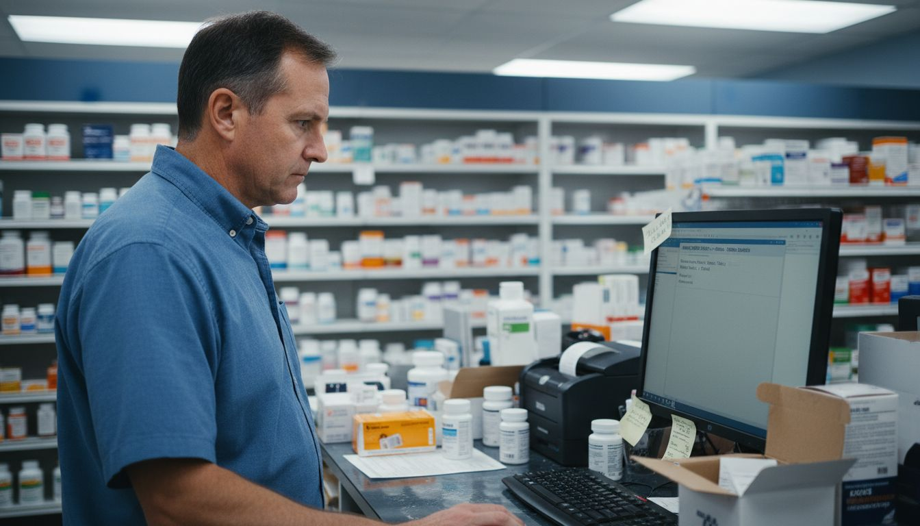 Pharmacist checks prescription on computer