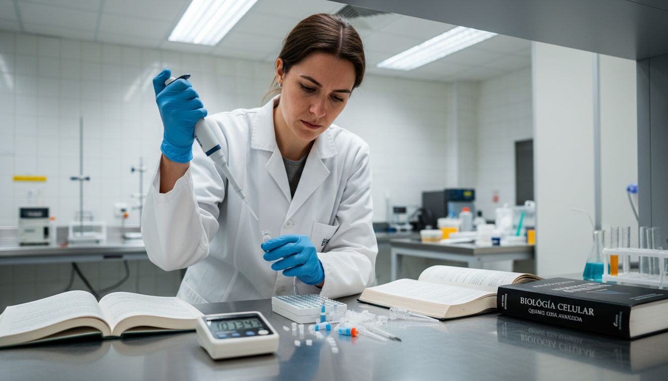 Técnico de laboratorio manipulando pipetas en la mesa de trabajo