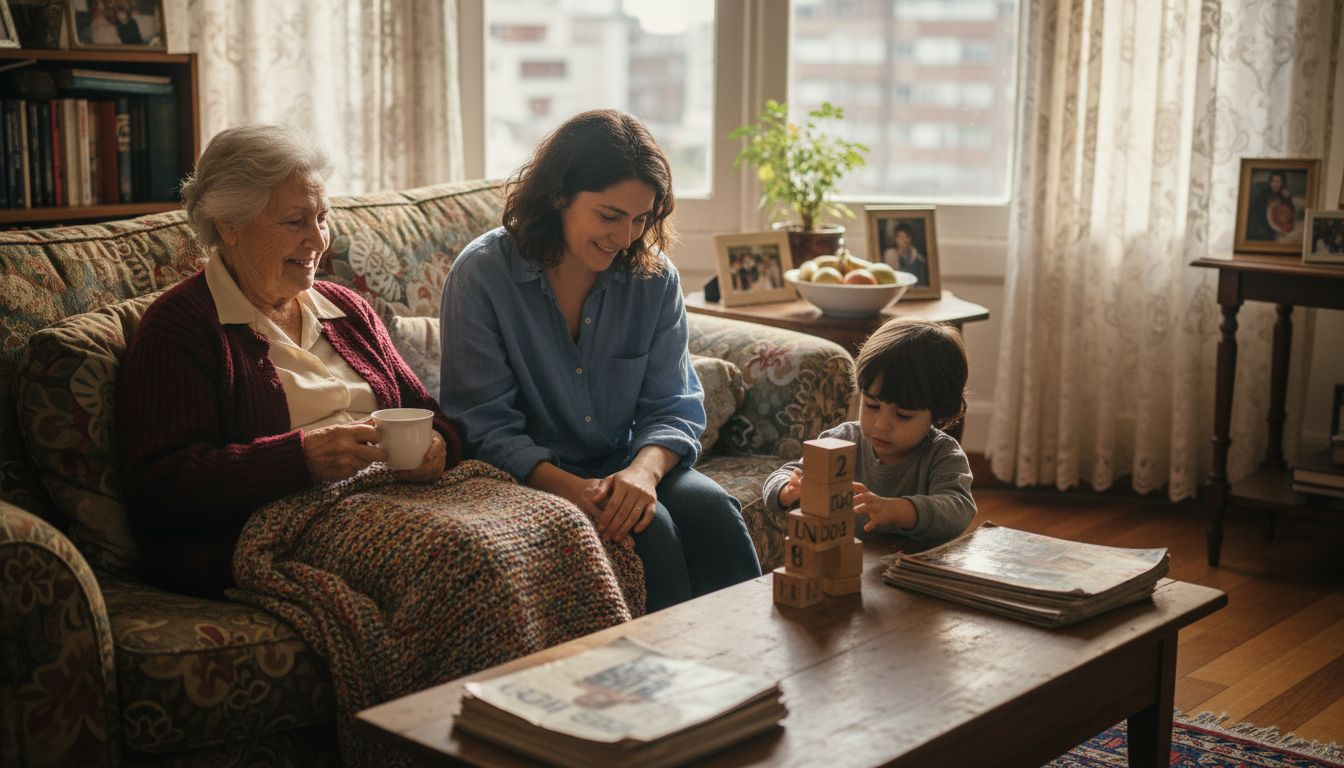 La familia acompaña y cuida a la abuela en casa, asegurándose de que no le falte nada y esté rodeada de cariño.
