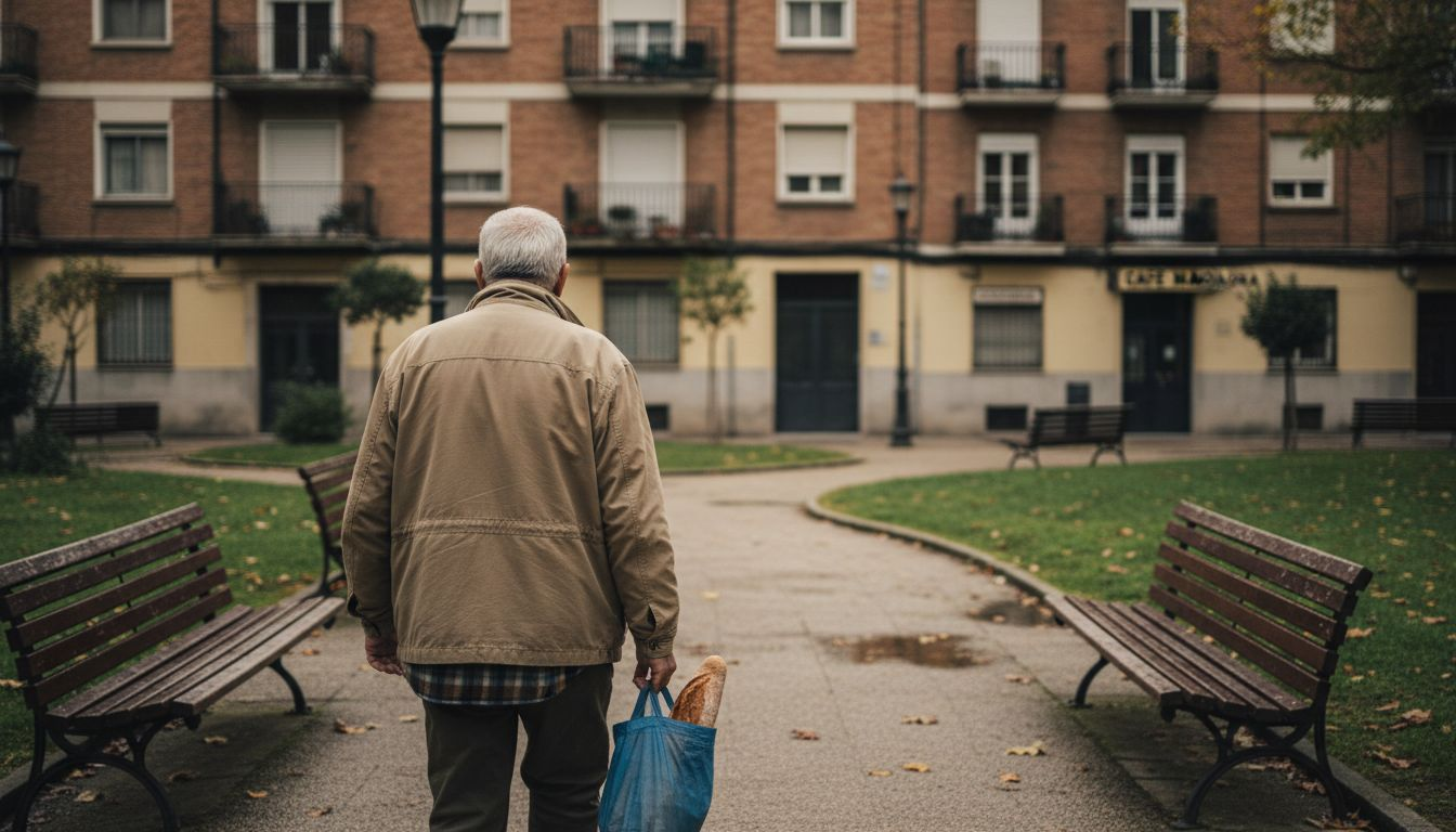 Un hombre mayor pasea por el parque de la ciudad a primera hora de la mañana.