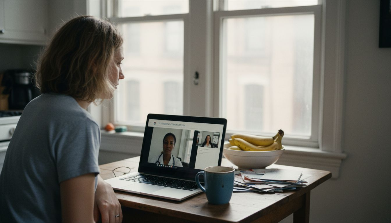 Woman consulting doctor online from kitchen