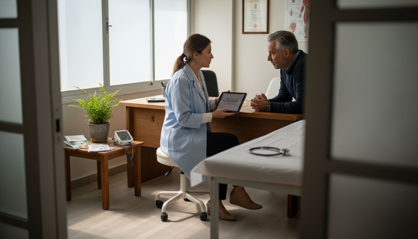El médico le explica al paciente las opciones de tratamiento no invasivo.