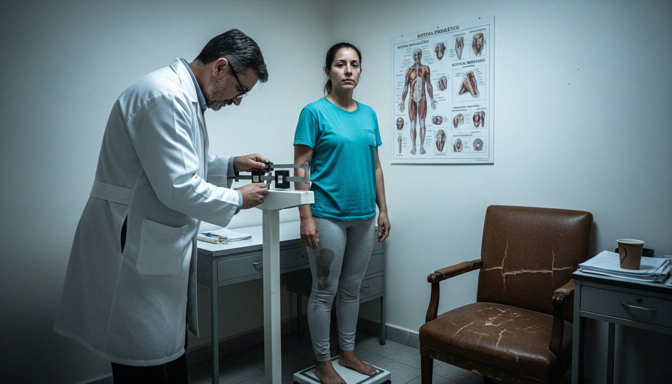 Médico controlando el peso de un paciente durante la consulta