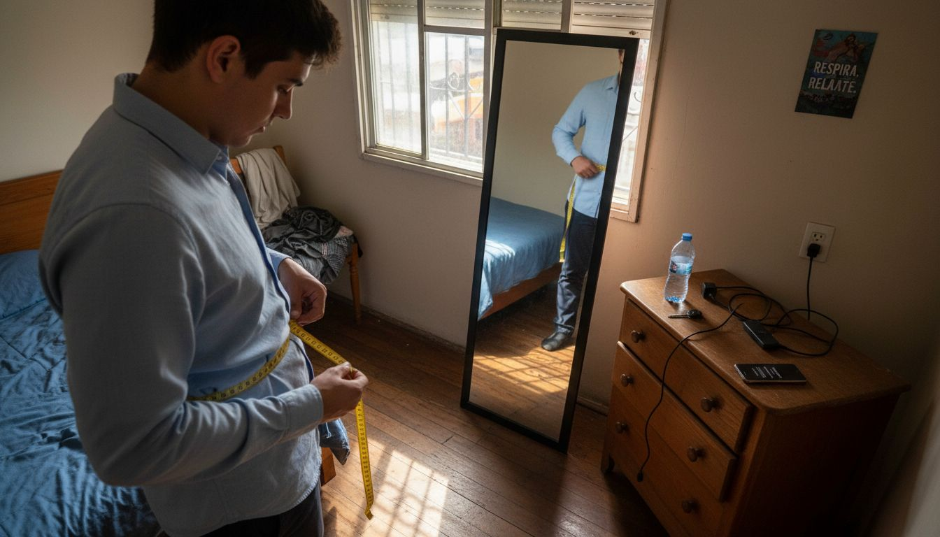 Hombre midiéndose la cintura en casa con una cinta métrica