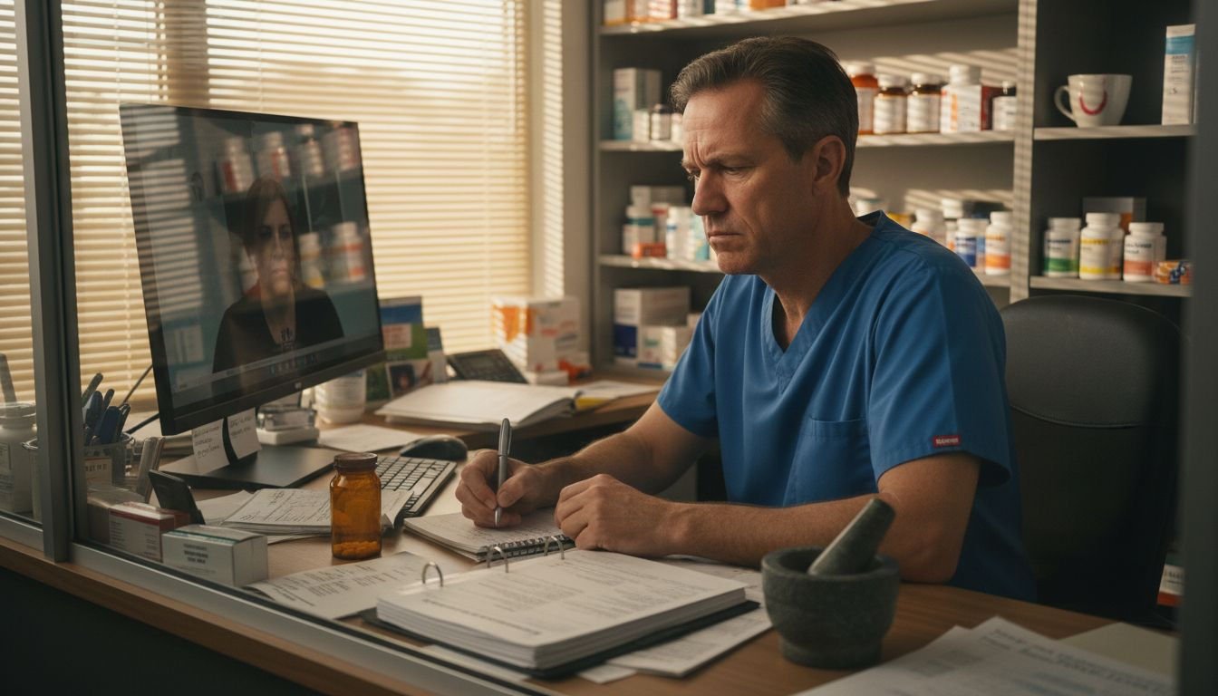 Pharmacist consulting via telehealth in pharmacy office