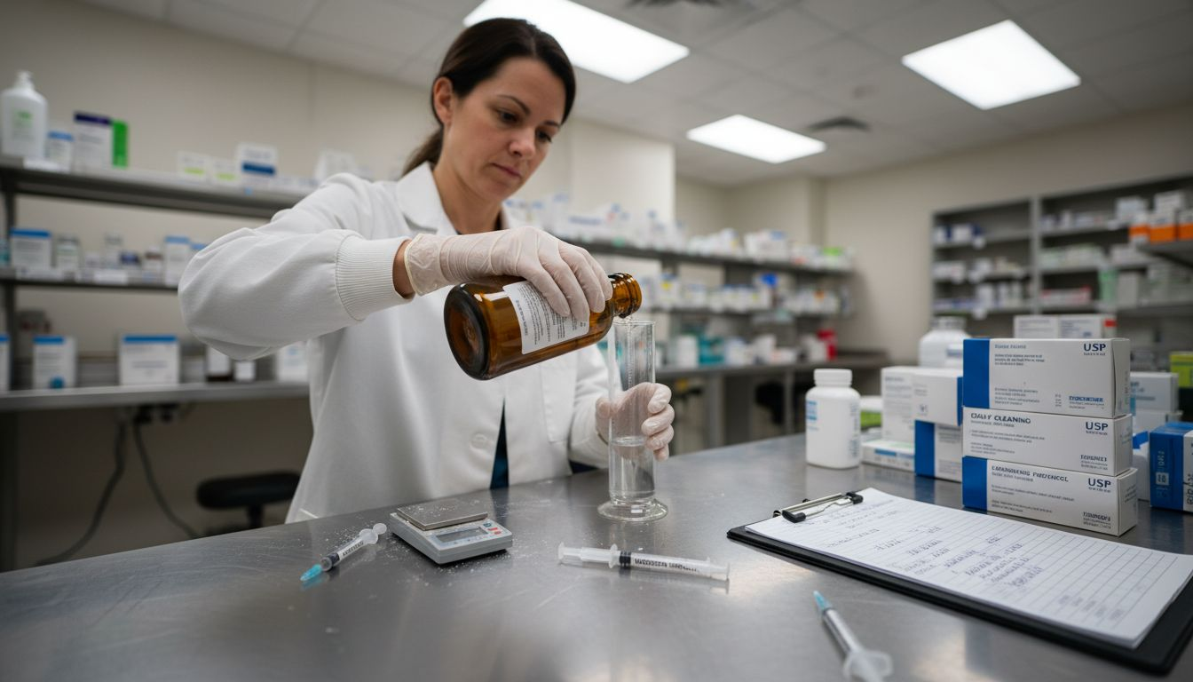 Technician preparing compounded medication in lab