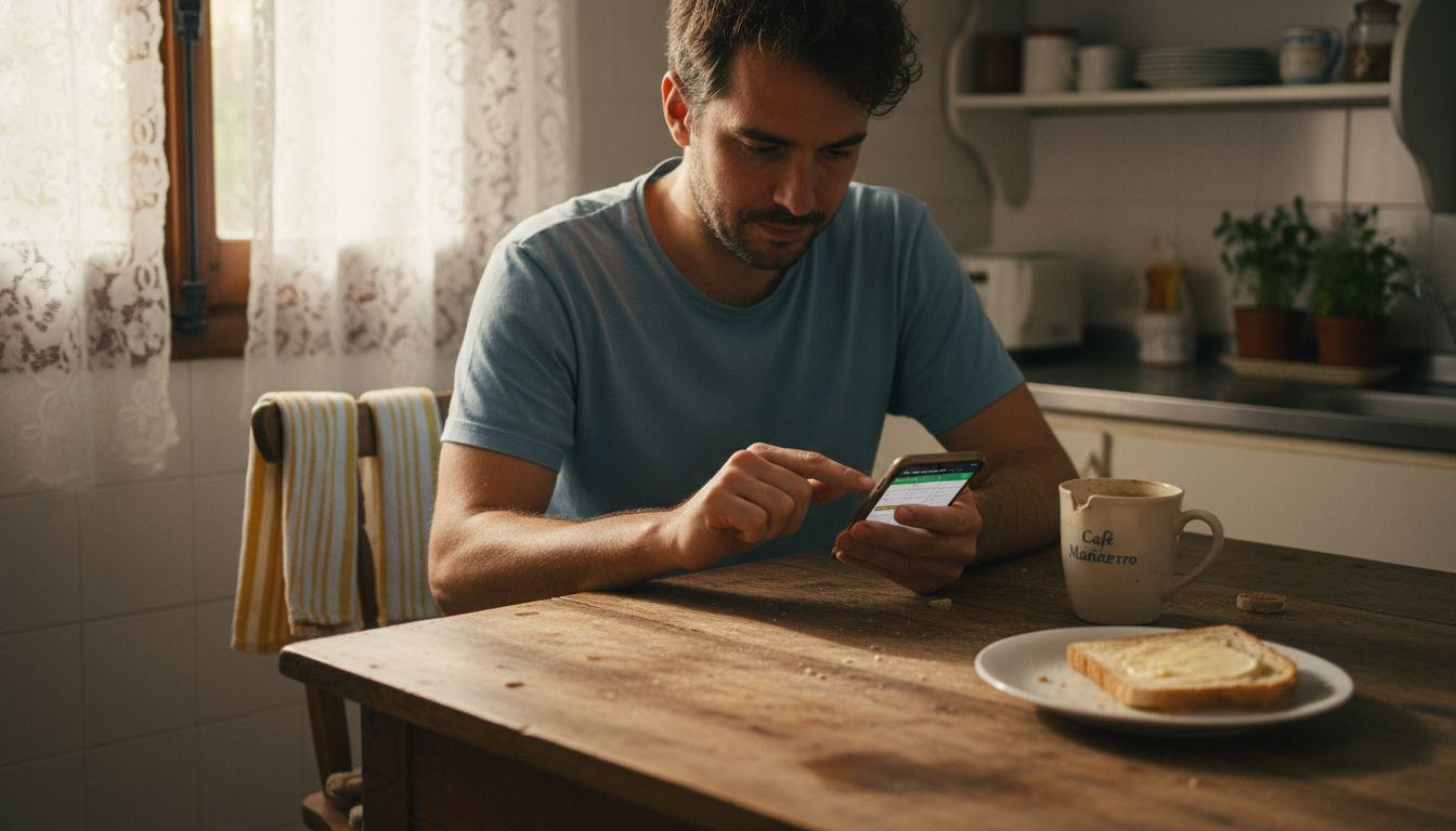 Un hombre organiza una cita virtual mientras está en la cocina.