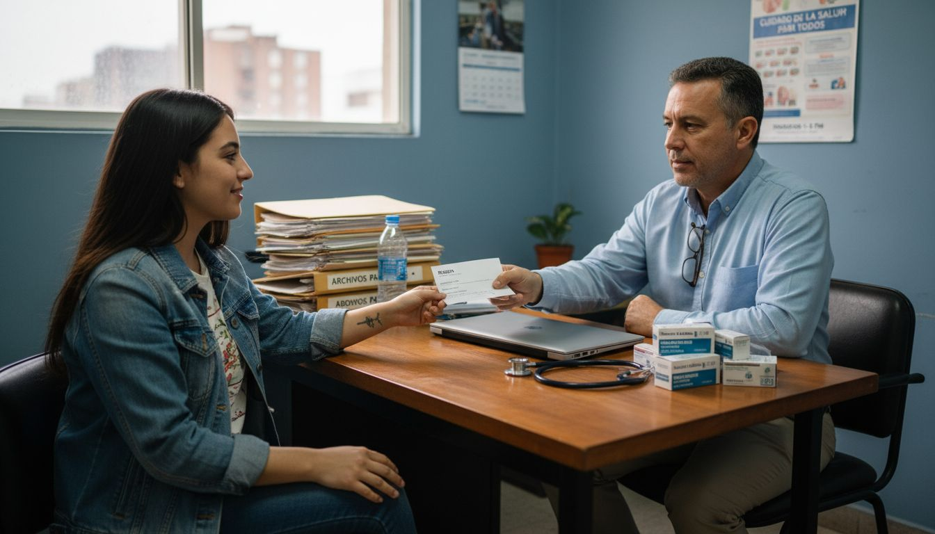 El médico le entrega la receta al paciente por encima de un escritorio lleno de papeles en la consulta.
