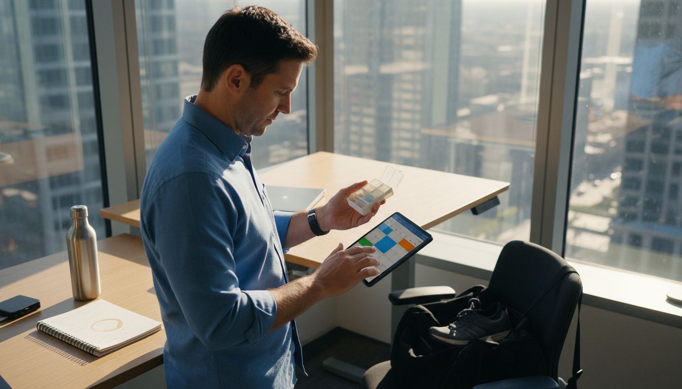 Professional man organizing health supplements in office
