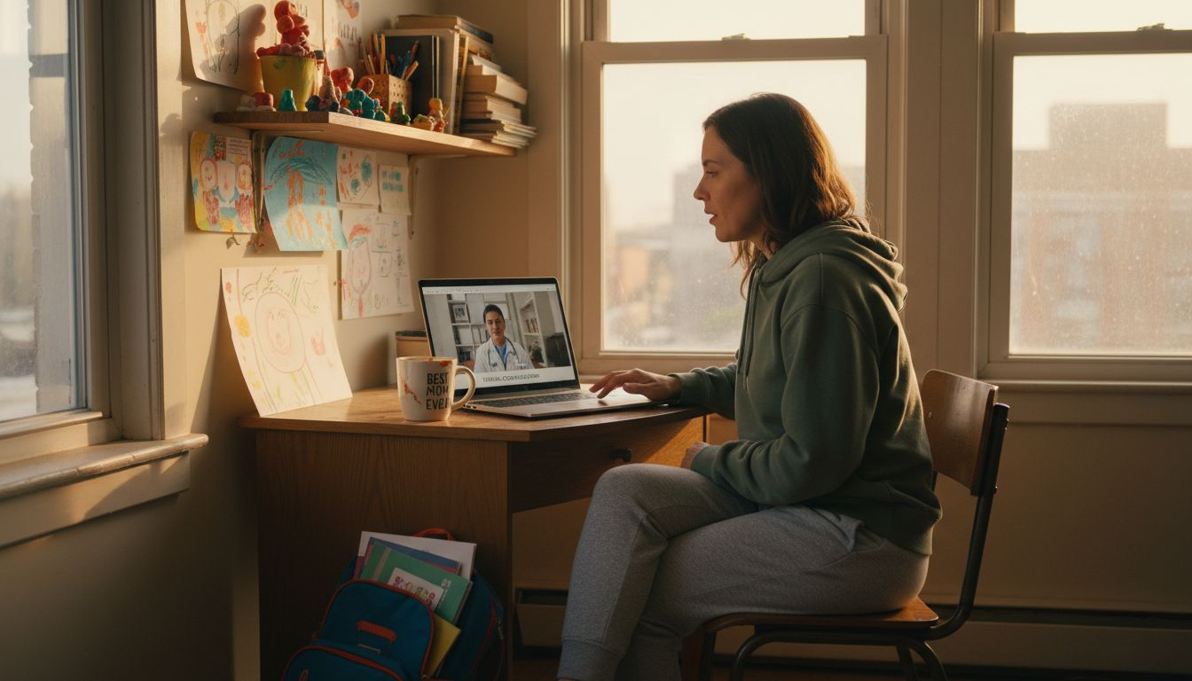 Parent video chatting with online doctor at home