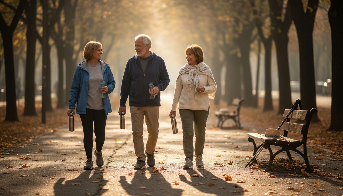 Tres personas mayores conversan animadamente mientras pasean por el parque en la mañana.
