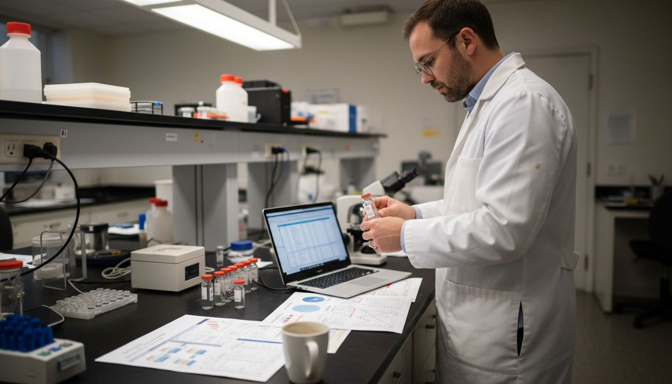 Scientist studies peptide samples in lab