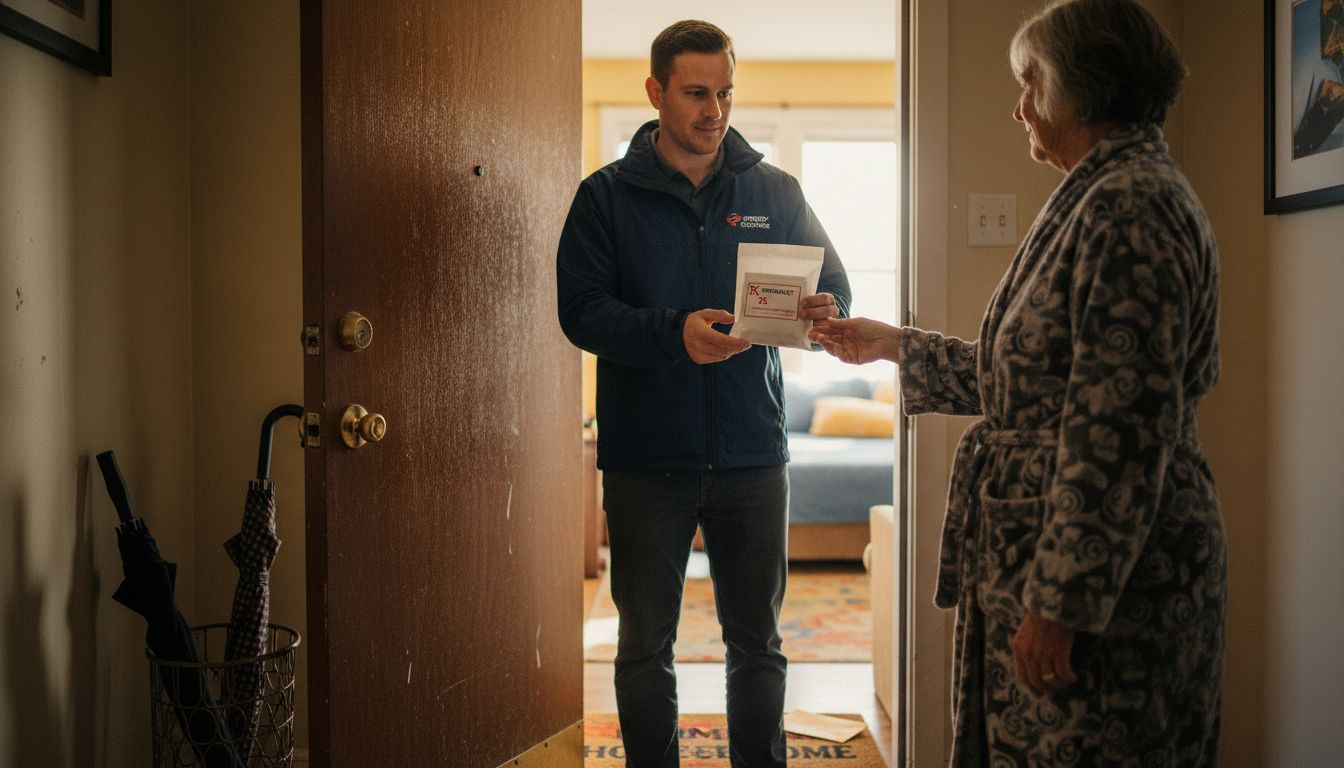 Courier delivers prescription to apartment doorstep
