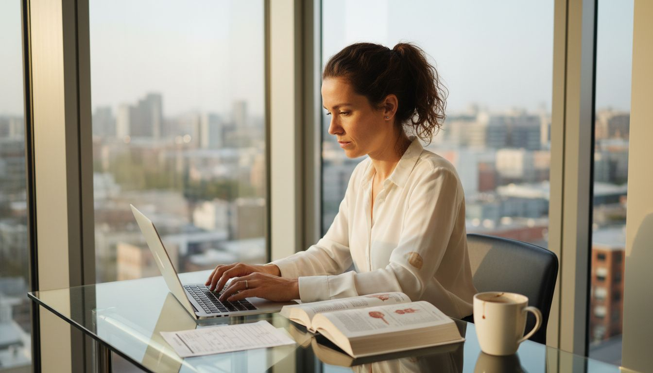 Clinician working in city office on online therapy
