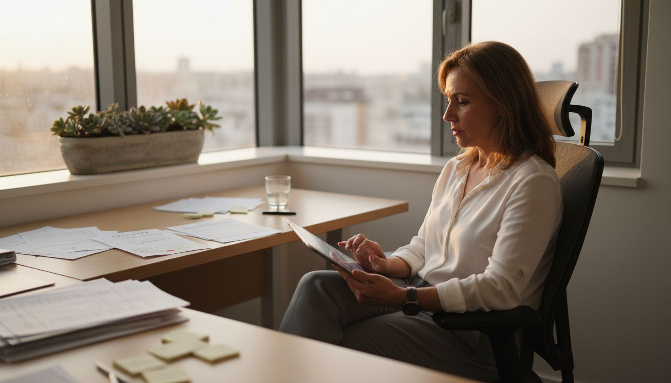 Mujer revisando sus resultados médicos en el consultorio