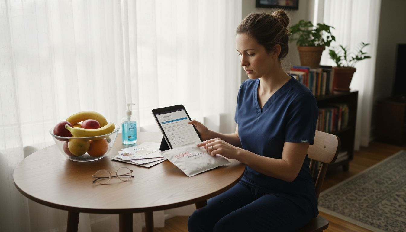 Nurse verifies telemedicine delivery at kitchen table