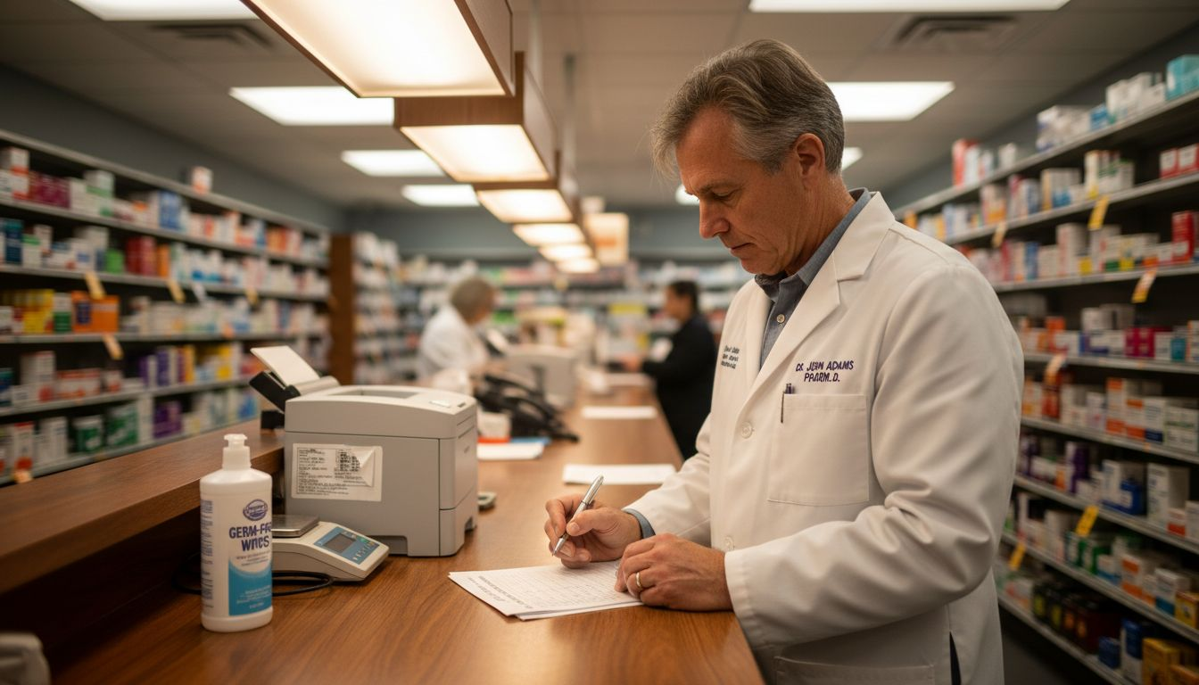 Pharmacist doing safety checklist at pharmacy counter