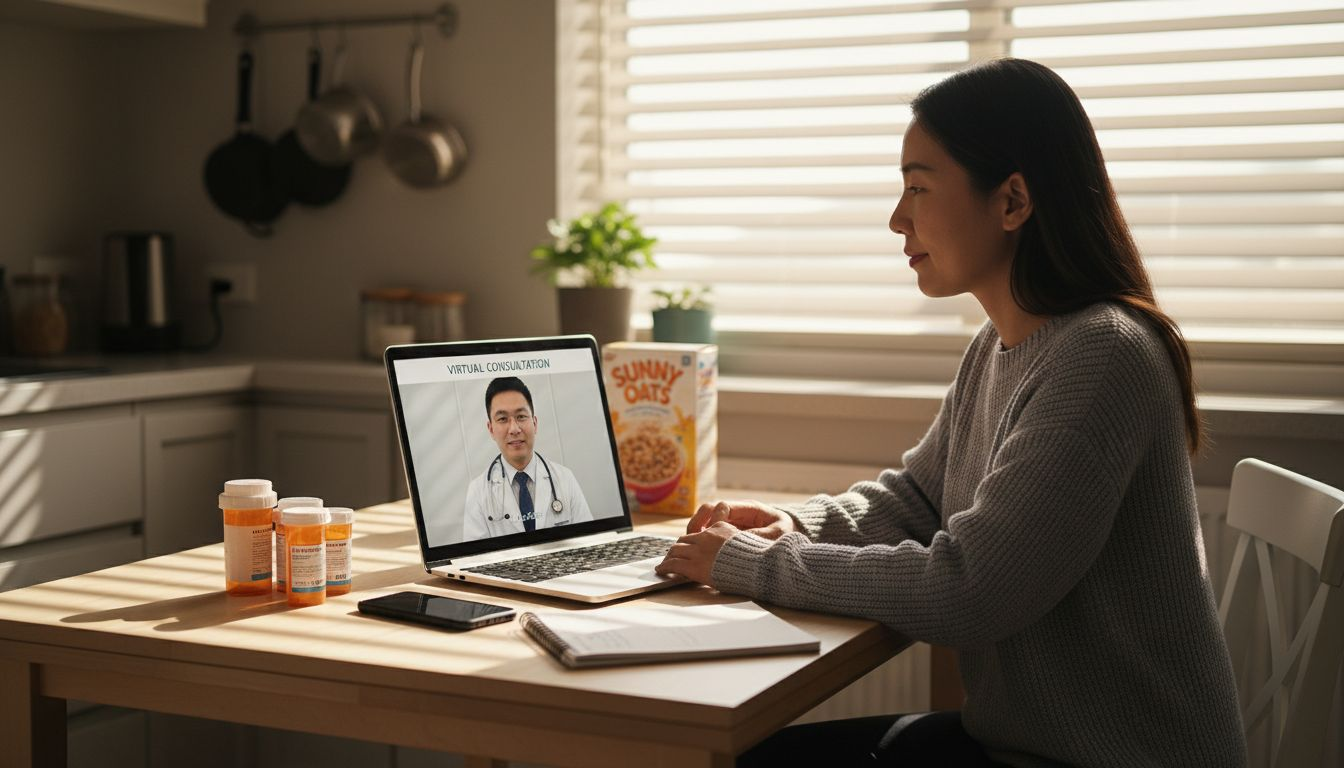 Woman having telemedicine video call at kitchen table