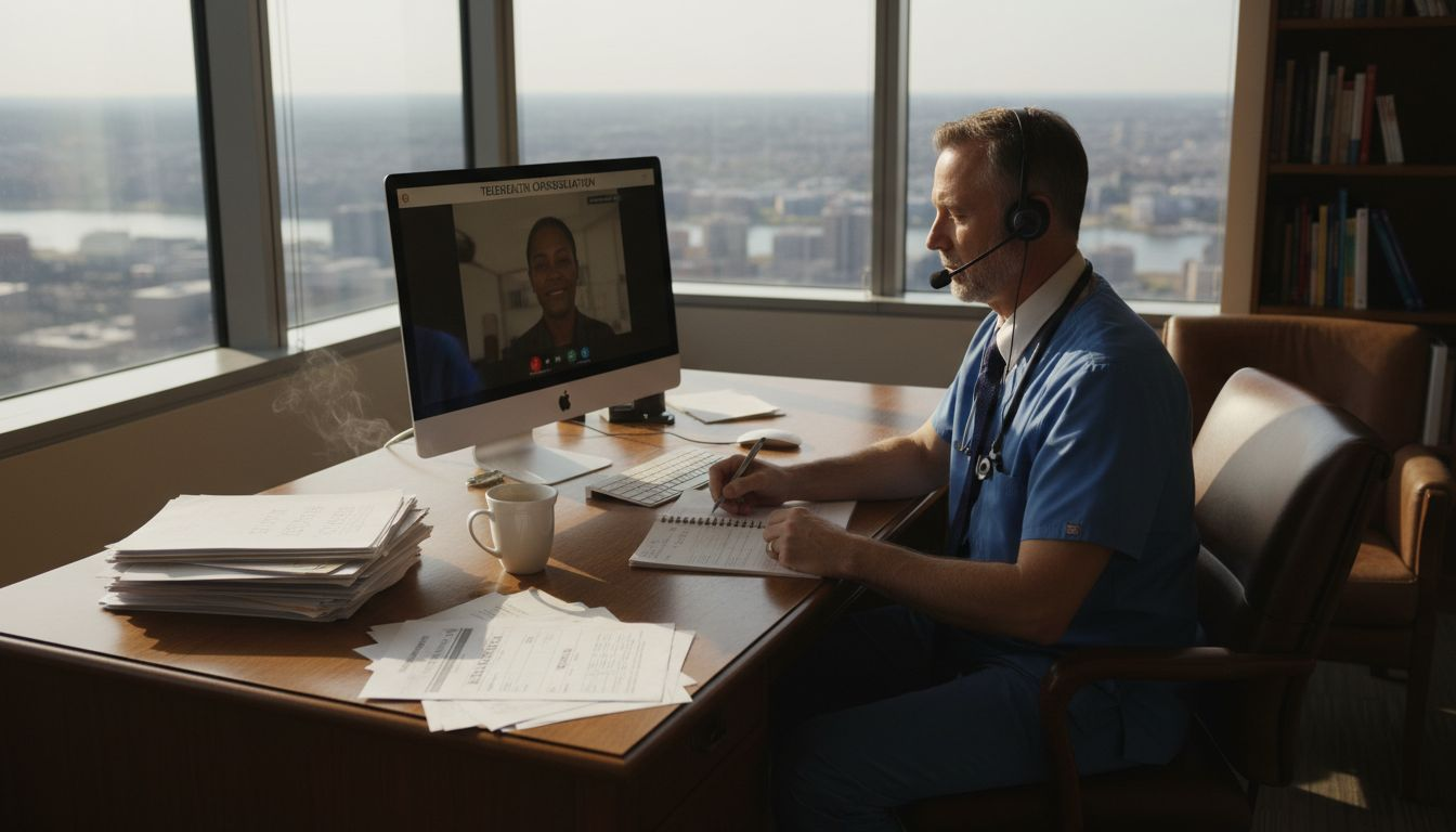 Doctor on telehealth video call in office